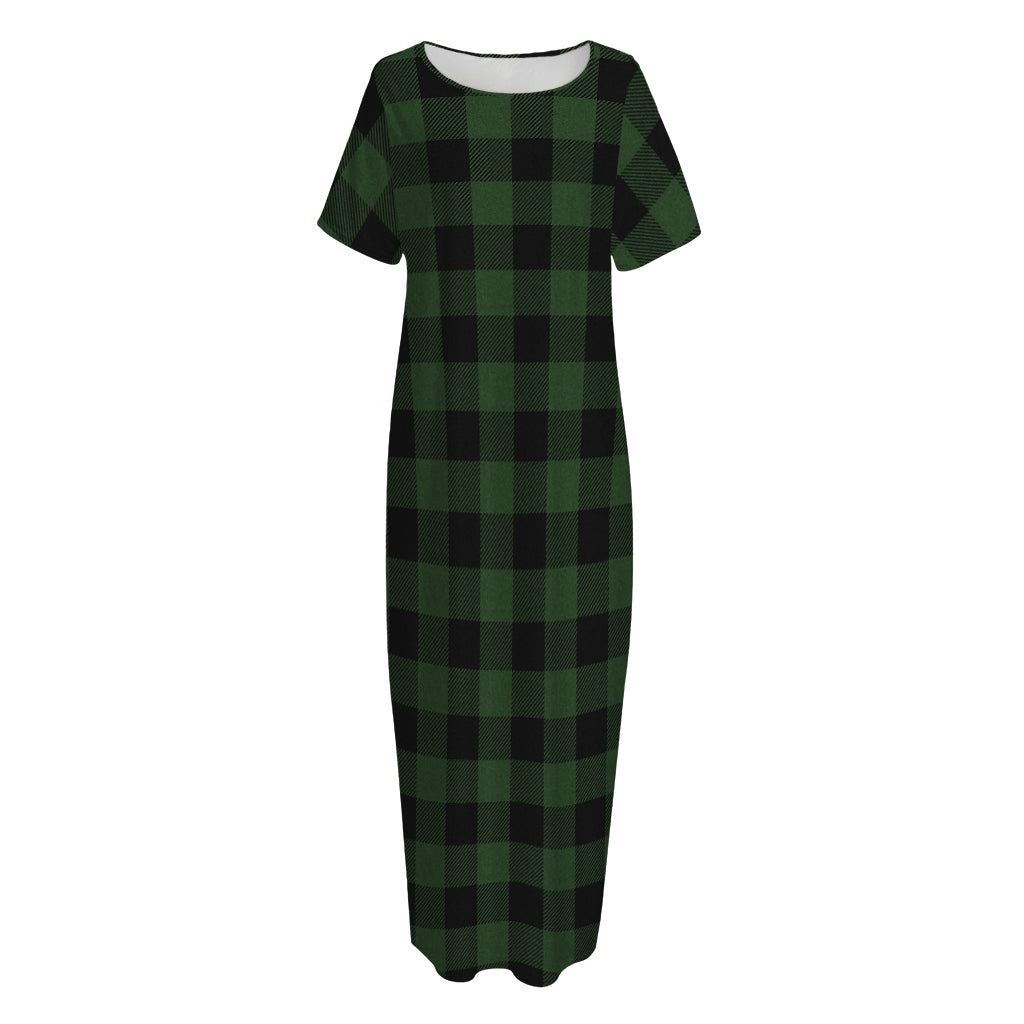 Green And Black Buffalo Plaid Print Short Sleeve Long Nightdress