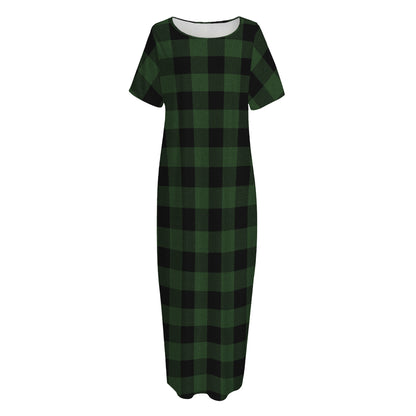 Green And Black Buffalo Plaid Print Short Sleeve Long Nightdress