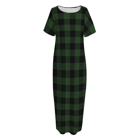 Green And Black Buffalo Plaid Print Short Sleeve Long Nightdress