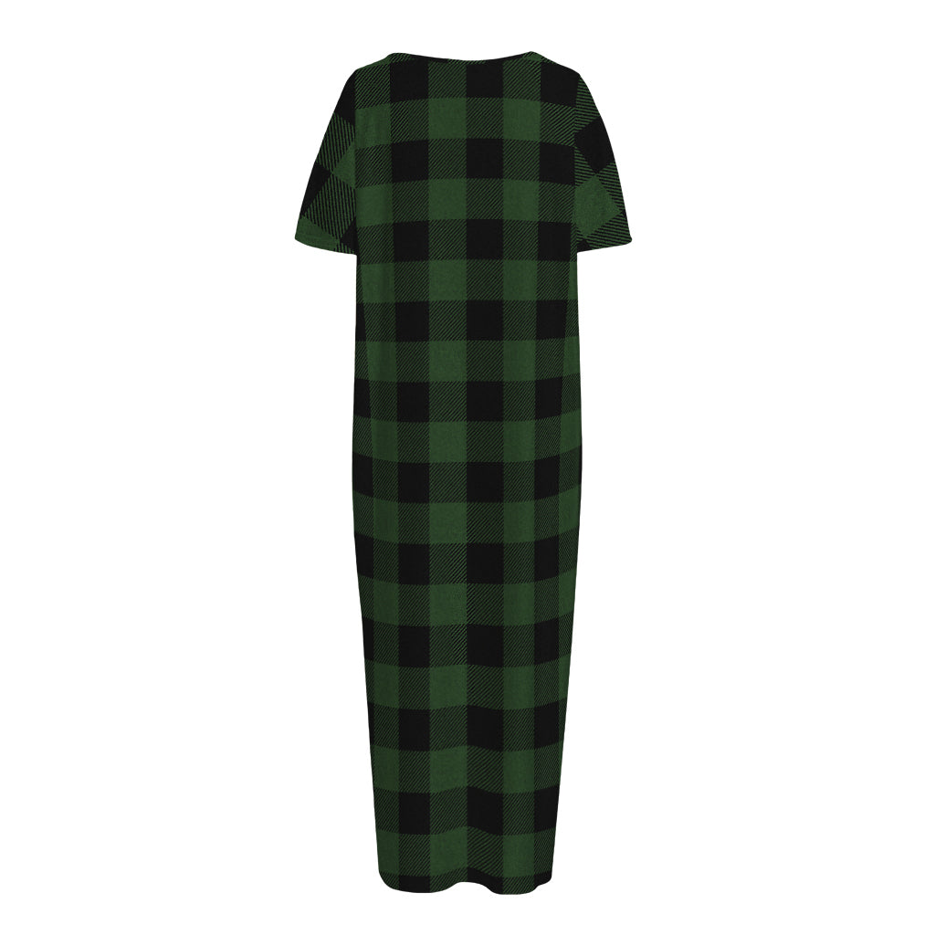 Green And Black Buffalo Plaid Print Short Sleeve Long Nightdress