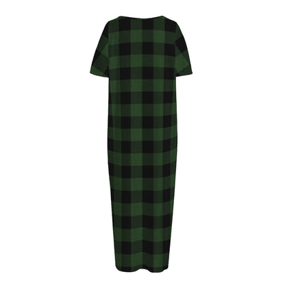 Green And Black Buffalo Plaid Print Short Sleeve Long Nightdress