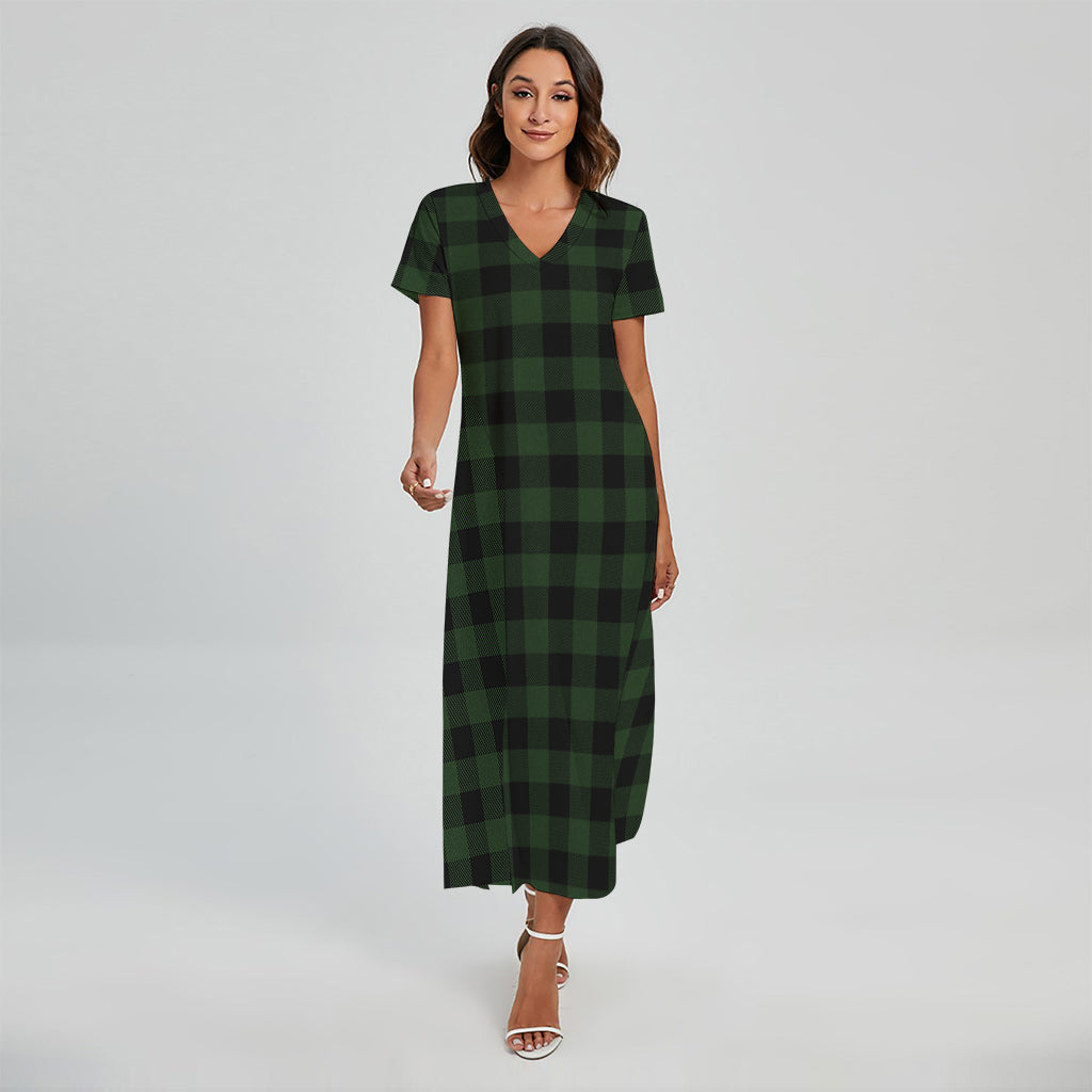 Green And Black Buffalo Plaid Print Short Sleeve Maxi Dress