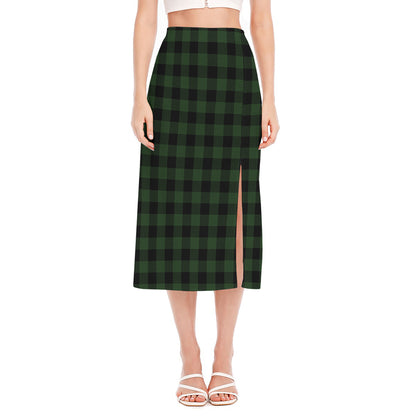 Green And Black Buffalo Plaid Print Side Slit Midi Skirt