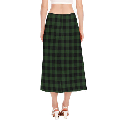 Green And Black Buffalo Plaid Print Side Slit Midi Skirt