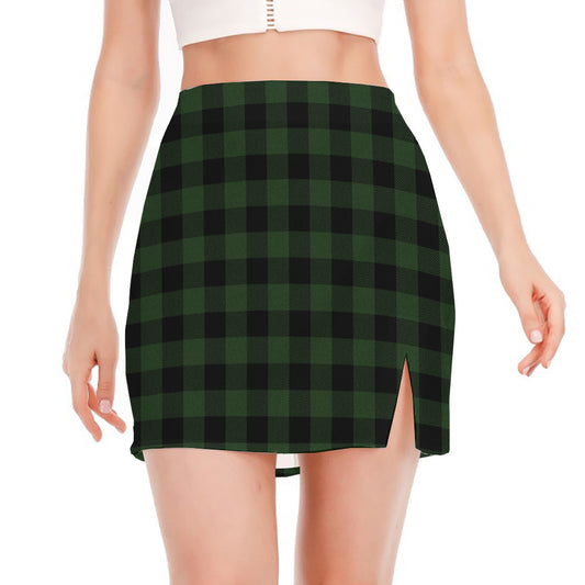 Green And Black Buffalo Plaid Print Side Slit Mini Skirt