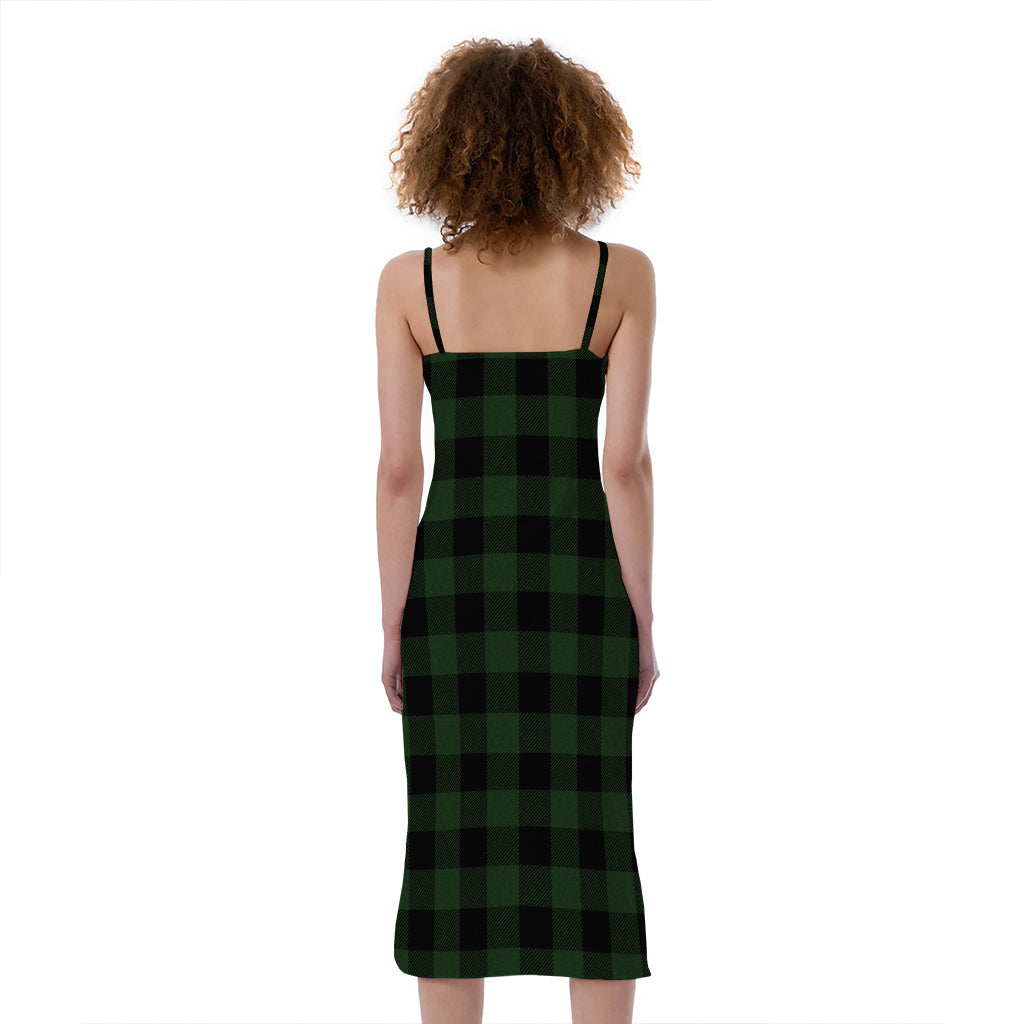 Green And Black Buffalo Plaid Print Slim Fit Midi Cami Dress