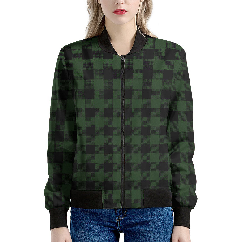 Green And Black Buffalo Plaid Print Women's Bomber Jacket