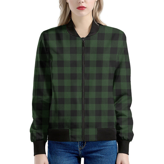 Green And Black Buffalo Plaid Print Women's Bomber Jacket
