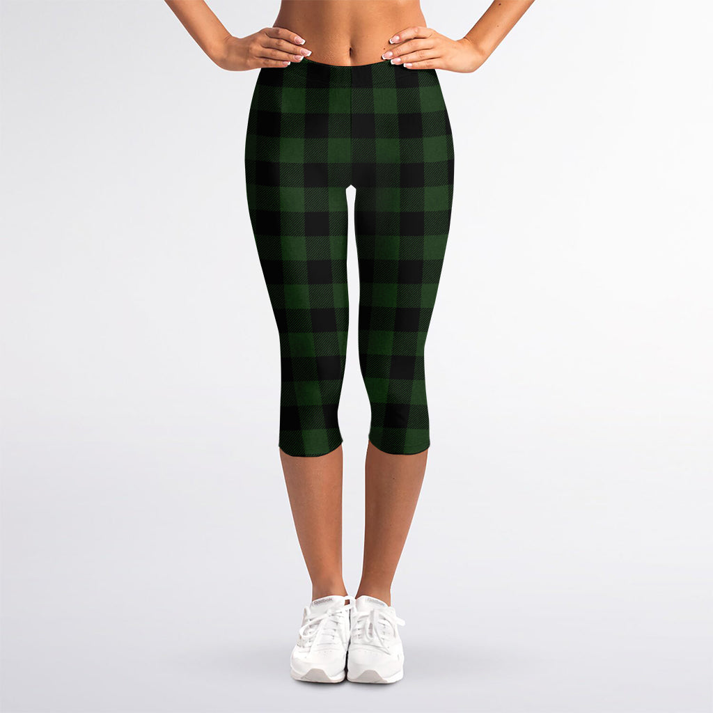 Green And Black Buffalo Plaid Print Women's Capri Leggings