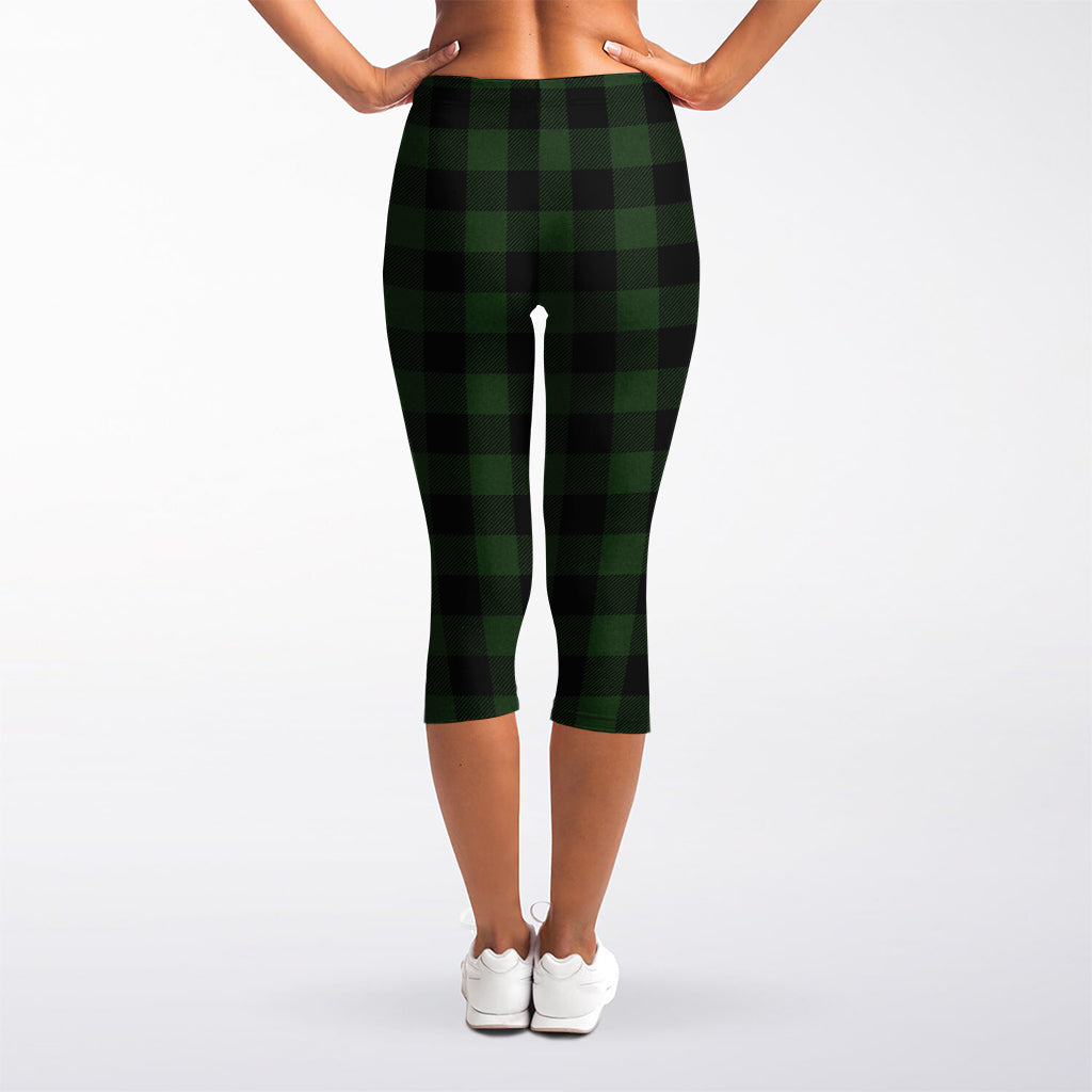 Green And Black Buffalo Plaid Print Women's Capri Leggings