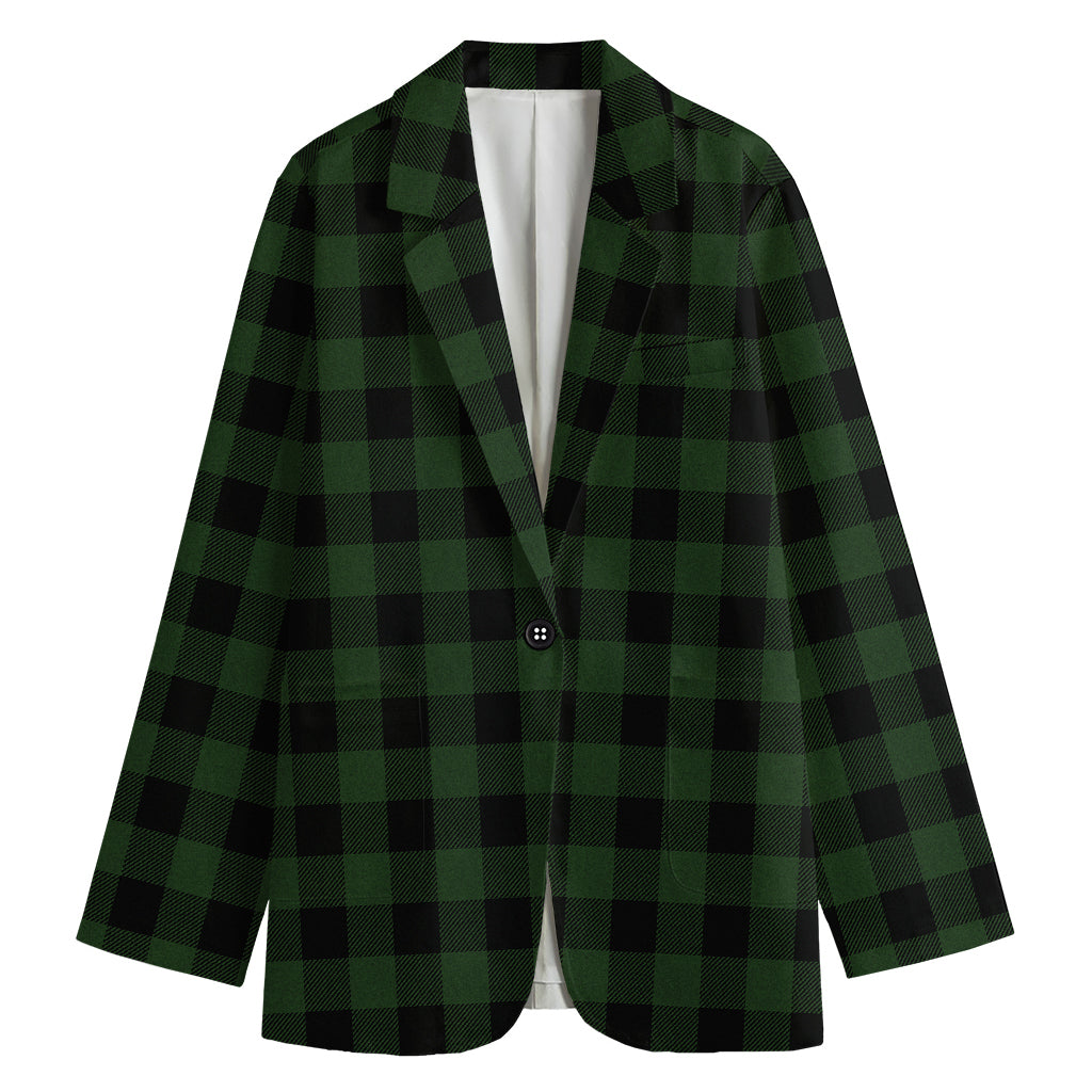 Green And Black Buffalo Plaid Print Women's Cotton Blazer