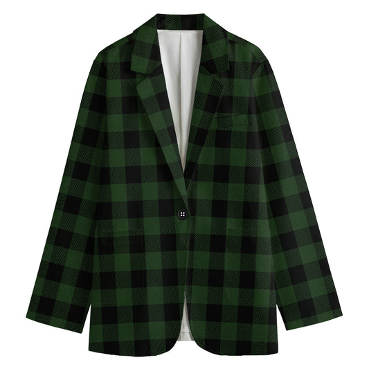 Green And Black Buffalo Plaid Print Women's Cotton Blazer