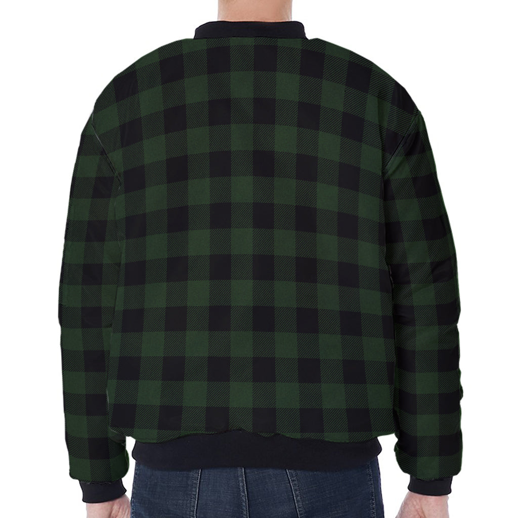 Green And Black Buffalo Plaid Print Zip Sleeve Bomber Jacket