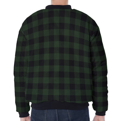 Green And Black Buffalo Plaid Print Zip Sleeve Bomber Jacket