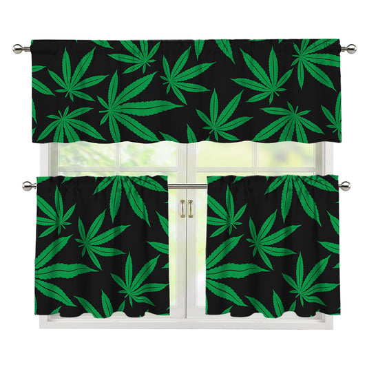 Green And Black Cannabis Leaf Print 3 Piece Kitchen Curtains