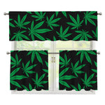 Green And Black Cannabis Leaf Print 3 Piece Kitchen Curtains