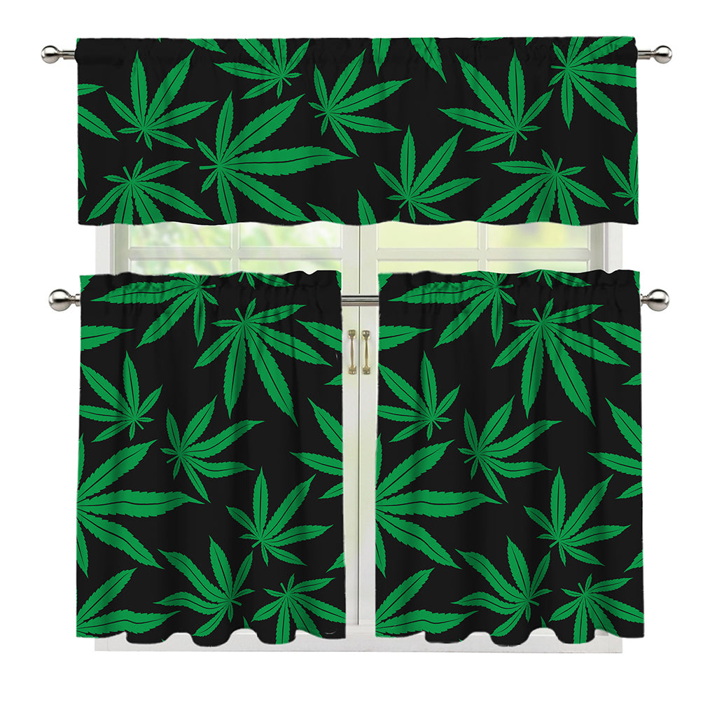 Green And Black Cannabis Leaf Print 3 Piece Kitchen Curtains