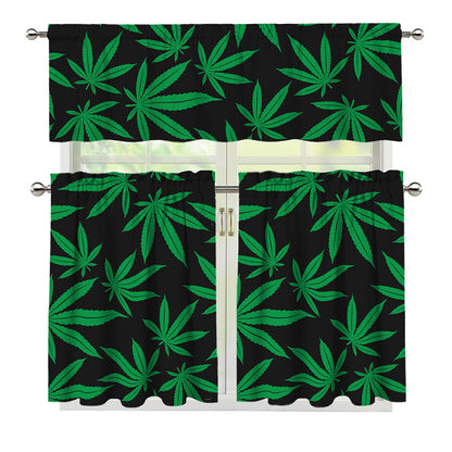 Green And Black Cannabis Leaf Print 3 Piece Kitchen Curtains