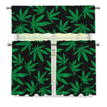 Green And Black Cannabis Leaf Print 3 Piece Kitchen Curtains