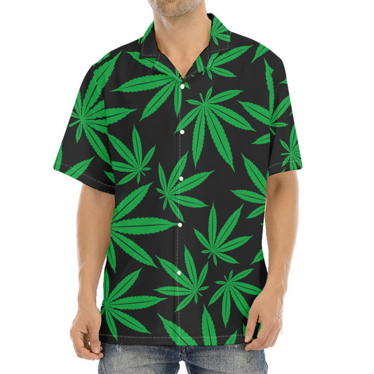 Green And Black Cannabis Leaf Print Aloha Shirt
