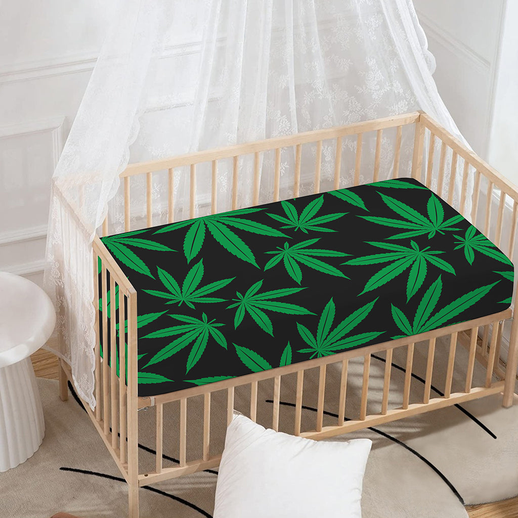 Green And Black Cannabis Leaf Print Baby Crib Sheet