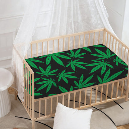 Green And Black Cannabis Leaf Print Baby Crib Sheet