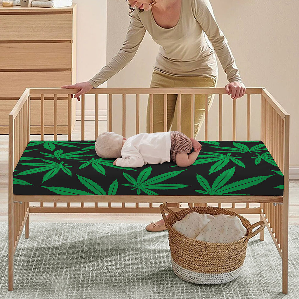Green And Black Cannabis Leaf Print Baby Crib Sheet