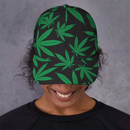 Green And Black Cannabis Leaf Print Baseball Cap