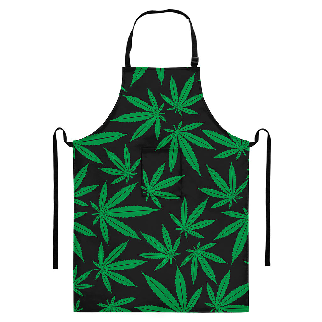 Green And Black Cannabis Leaf Print Bib Apron With Pocket