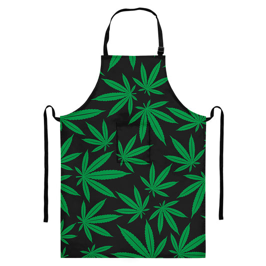 Green And Black Cannabis Leaf Print Bib Apron With Pocket