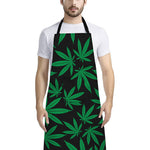Green And Black Cannabis Leaf Print Bib Apron With Pocket