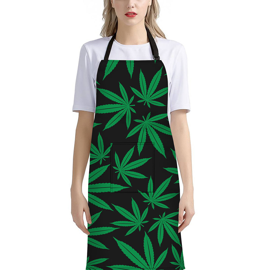 Green And Black Cannabis Leaf Print Bib Apron With Pocket