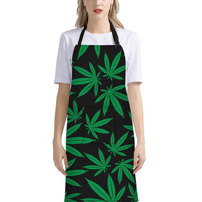 Green And Black Cannabis Leaf Print Bib Apron With Pocket