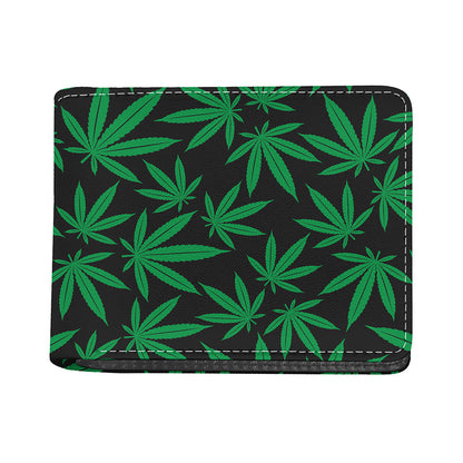 Green And Black Cannabis Leaf Print Bifold Wallet