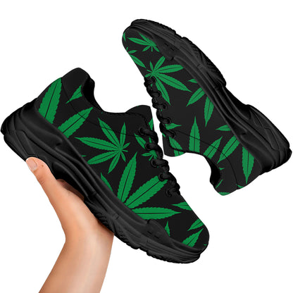 Green And Black Cannabis Leaf Print Black Chunky Shoes