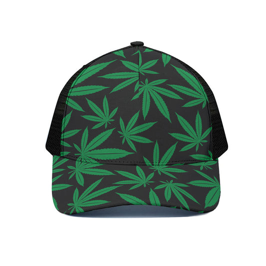 Green And Black Cannabis Leaf Print Black Mesh Trucker Cap