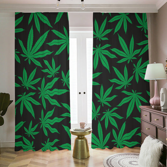 Green And Black Cannabis Leaf Print Blackout Pencil Pleat Curtains