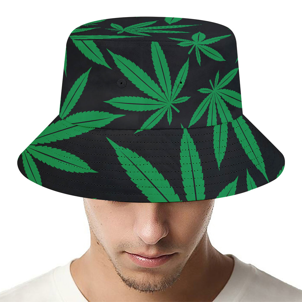 Green And Black Cannabis Leaf Print Bucket Hat