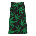 Green And Black Cannabis Leaf Print Cotton Front Slit Maxi Skirt