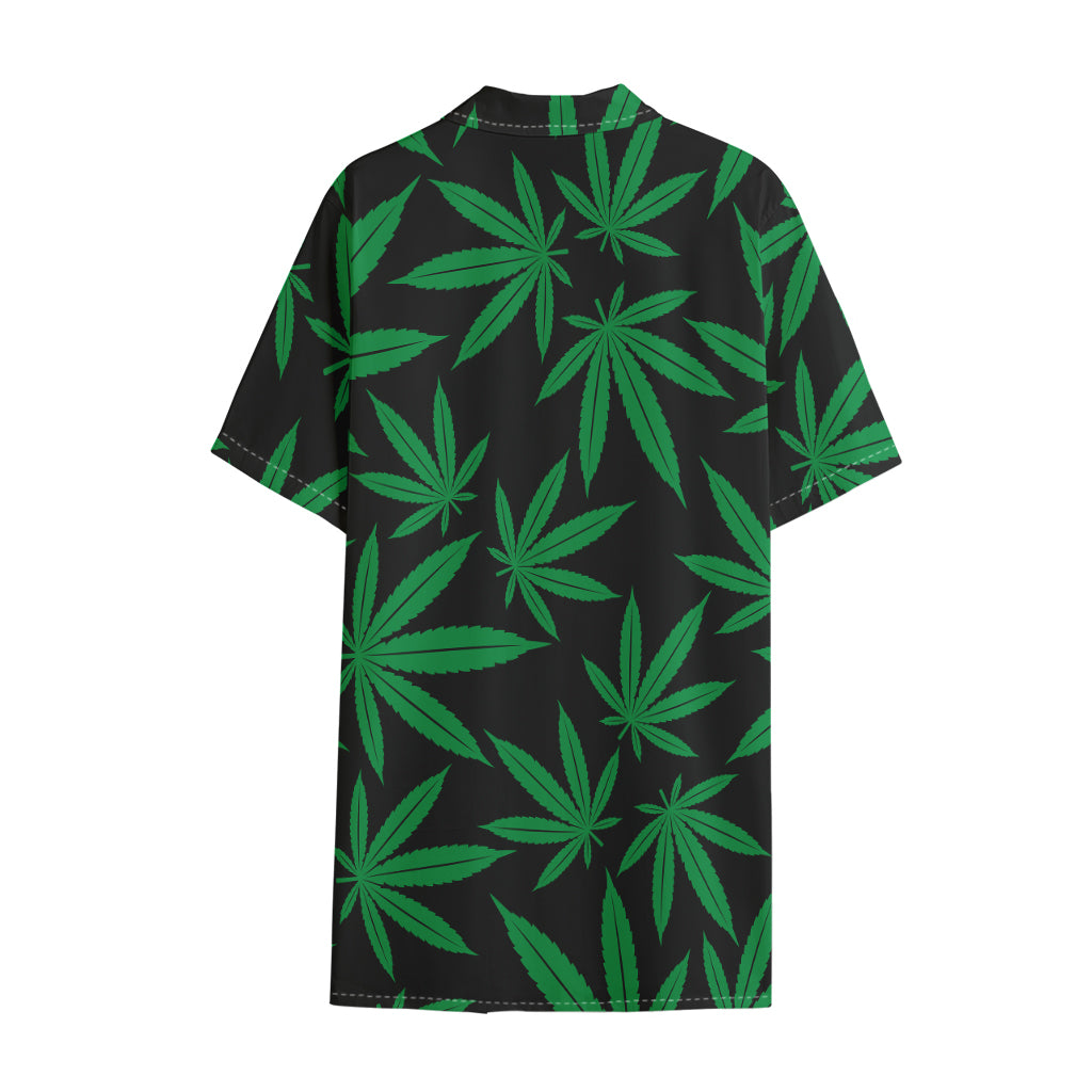 Green And Black Cannabis Leaf Print Cotton Hawaiian Shirt