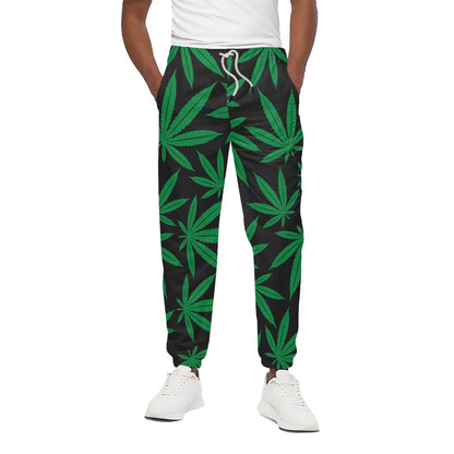 Green And Black Cannabis Leaf Print Cotton Pants