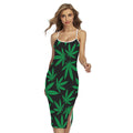 Green And Black Cannabis Leaf Print Cross Back Cami Dress