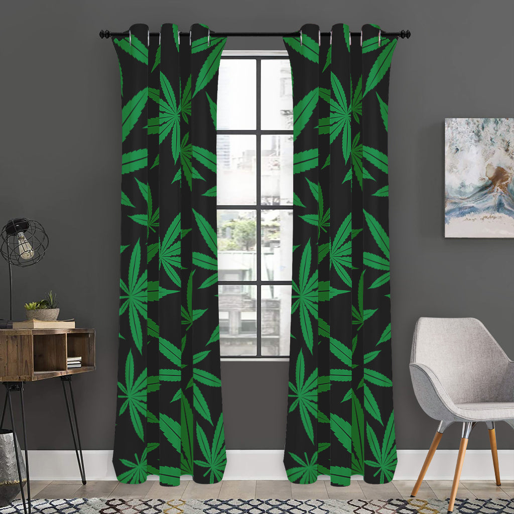 Green And Black Cannabis Leaf Print Curtain