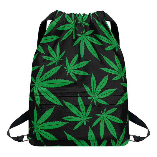Green And Black Cannabis Leaf Print Drawstring Backpack
