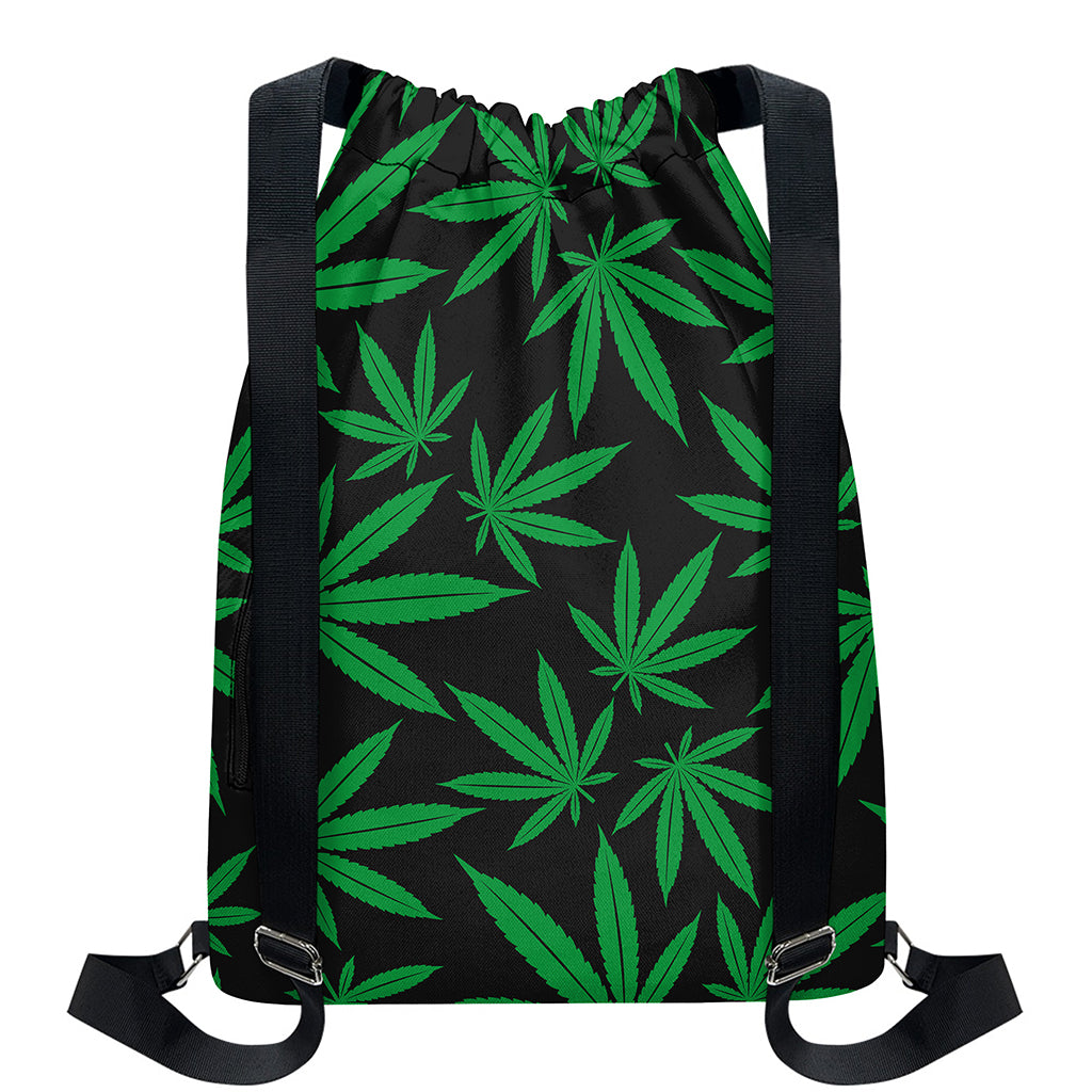 Green And Black Cannabis Leaf Print Drawstring Backpack