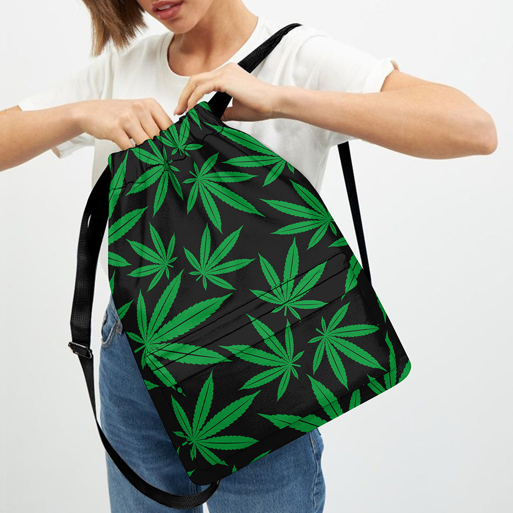 Green And Black Cannabis Leaf Print Drawstring Backpack
