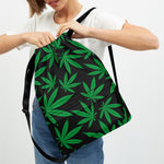 Green And Black Cannabis Leaf Print Drawstring Backpack