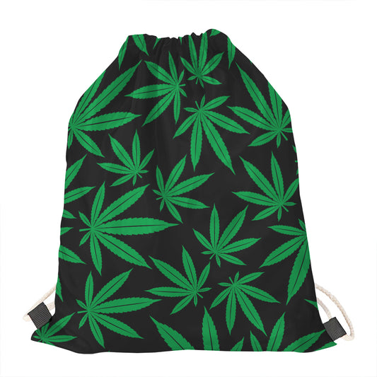 Green And Black Cannabis Leaf Print Drawstring Bag