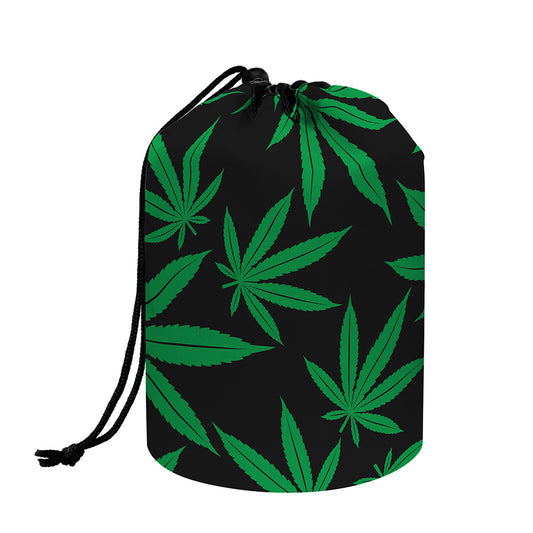 Green And Black Cannabis Leaf Print Drawstring Makeup Bag