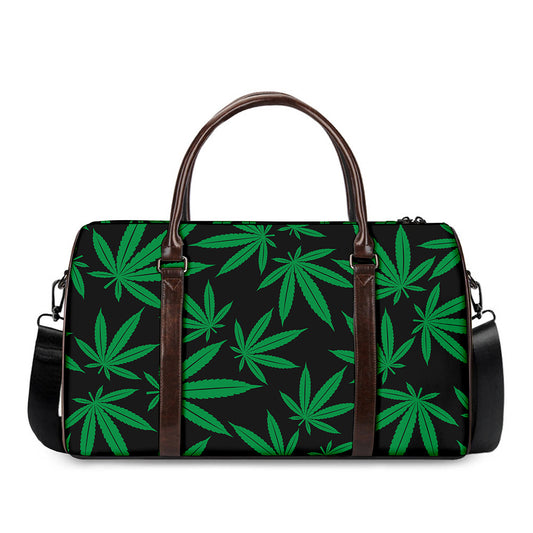 Green And Black Cannabis Leaf Print Duffle Bag